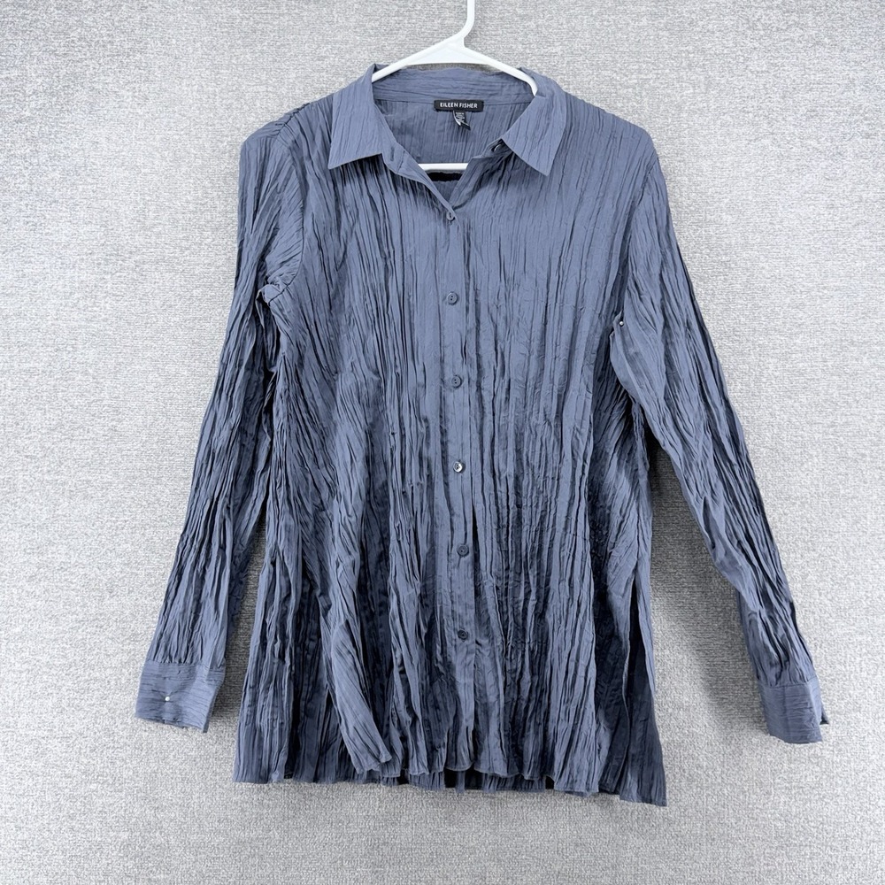 Eileen Fisher Crinkle Silk Habutai Classic Blouse Top Women Size XXS Blue